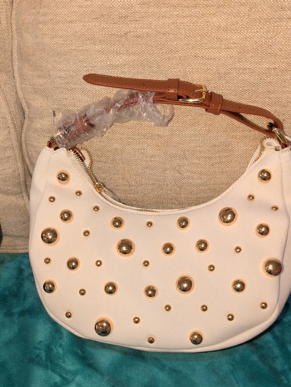 White  Shoulder / Crossbody Bag with Gold Studs And Gold Hardware NWT